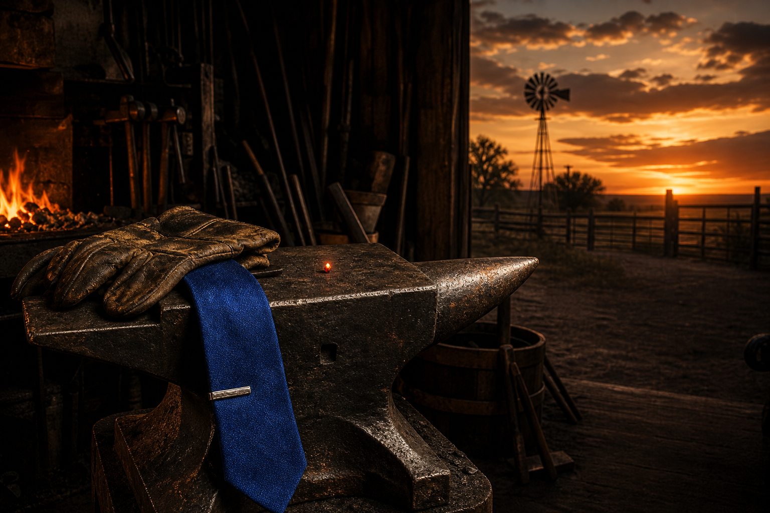 Anvil, blue tie, and gloves in a quiet forge overlooking a ranch sunset
