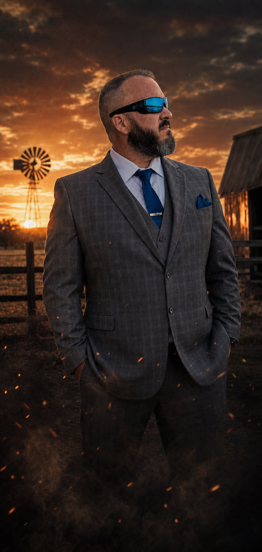 Cinematic memorial portrait of Jaime McGuckin at an Oklahoma ranch sunset