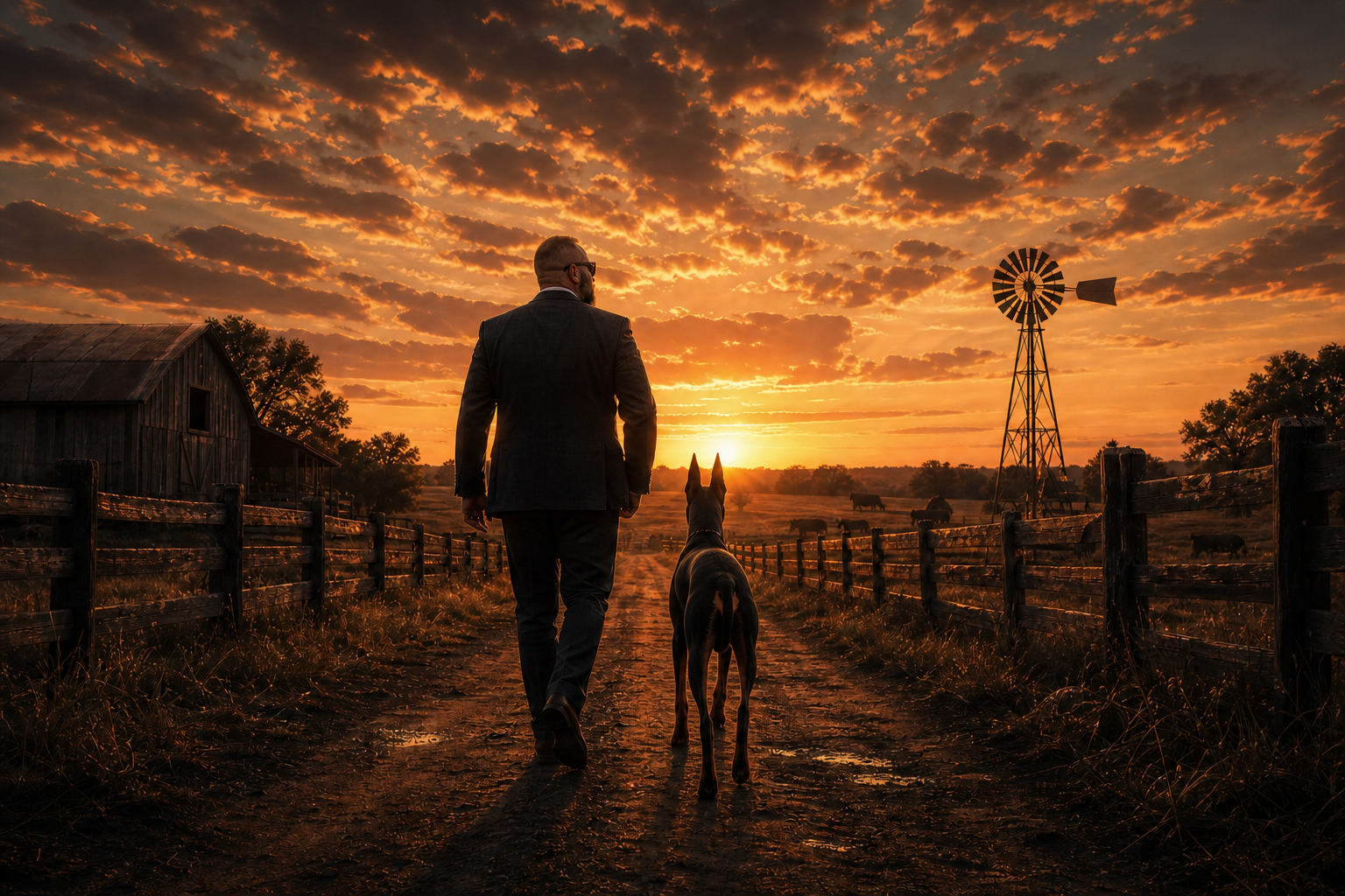 A man and his Doberman walking together into a ranch sunset